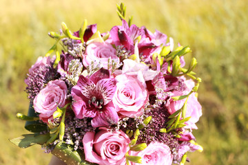 A bouquet of flowers in pink and purple hues in bright sunlight. On the background of grass...
