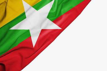 Myanmar or Burma flag of fabric with copyspace for your text on white background.