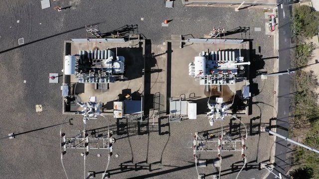 Transformers at a power electrical sub station from above