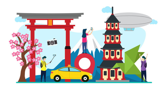 travel to japan creative illustration vector of graphic , small people traveling in japan illustration vector , japan traveling vector , japan concept vector flat illustration