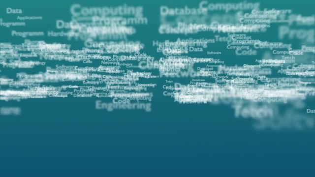 Light blue background with different words, which deal with technology. Close up. Copy space. 3D. Animatiom. 4K.