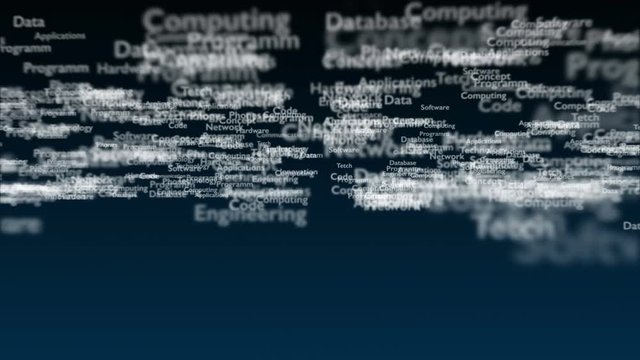 Deep blue background with different words, which deal with technology. Close up. Copy space. 3D. Animatiom. 4K.