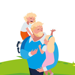 father with son and daughter characters in the field