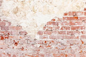 Red Old Weathered Brick Wall With Beaten Pieces Of Whitewash, Putty And Plaster. Fragment Of Wall Surface Of Historic Building With Chips, Cracks And Damages.