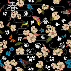 The vector image features birds, butterflies and cherry blossoms.  In the background the Chinese character means SPRING. Seamless repeat pattern for your wallpaper, wrapping paper, fabric and more.