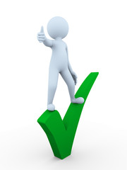 3d man with thumb up standing on green check tick mark