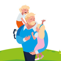 father with son and daughter characters in the field