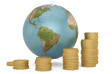 Gold coins and globe isolated on white background 3D illustration.