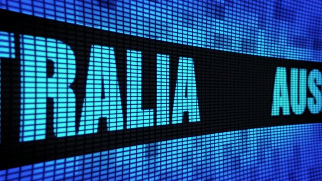 AUSTRALIA Side Text Scrolling on Light Blue Digital LED Display Board Pixel Light Screen Looped Animation 4K Background. Sign Board , Blinking Light, Pixel Monitor . LED Wall Pannel