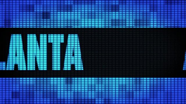 ATLANTAF Front Text Scrolling on Light Blue Digital LED Display Board Pixel Light Screen Looped Animation 4K Background. Sign Board , Blinking Light, Pixel Monitor . LED Wall Pannel
