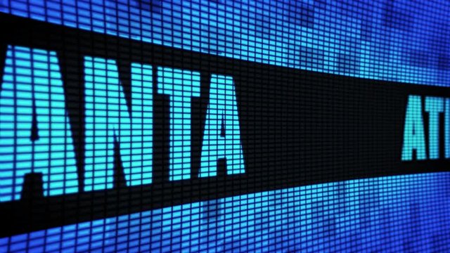 ATLANTA Side Text Scrolling on Light Blue Digital LED Display Board Pixel Light Screen Looped Animation 4K Background. Sign Board , Blinking Light, Pixel Monitor . LED Wall Pannel