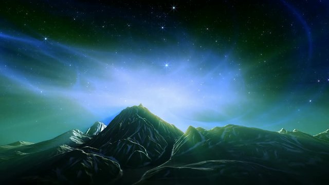 Fantasy landscape loop. Aurora lights in starry night sky, above snowy mountains, on Earth or alien planet. Green version. Digitally generated animation.