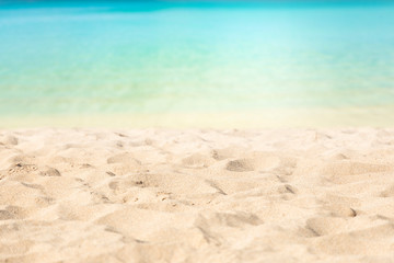 Fototapeta na wymiar Sunny tropical Caribbean beach and turquoise water, Caribbean island vacation, hot summer day
