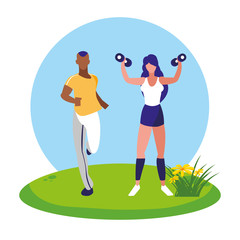 athletic afro man running and woman weight lifting in camp