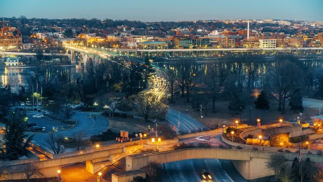 View on Key bridge at dusk: timelapse of dat to night transition, Washington DC, USA