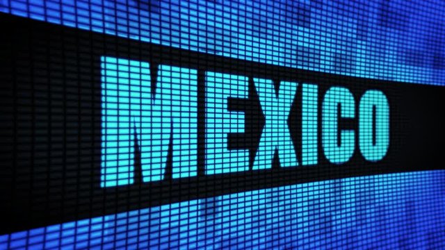 MEXICO side Text Scrolling on Light Blue Digital LED Display Board Pixel Light Screen Looped Animation 4K Background. Sign Board , Blinking Light, Pixel Monitor . LED Wall Pannel