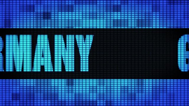 GERMANY Front Text Scrolling on Light Blue Digital LED Display Board Pixel Light Screen Looped Animation 4K Background. Sign Board , Blinking Light, Pixel Monitor . LED Wall Pannel
