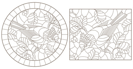 A set of contour illustrations of stained glass Windows with birds on a background of leaves and berries, dark contours on a white background