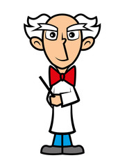 White hair Professor with red bowtie giving a lecture, holding a stick-vector character illustration isolated