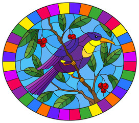 Illustration in the style of stained glass with a beautiful bright purple  bird  on a  background of branch of tree and sky,oval image in bright frame