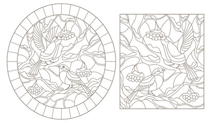 A set of contour illustrations of stained glass birds, bullfinches on the branches of snow-covered mountain ash dark contours on a white background