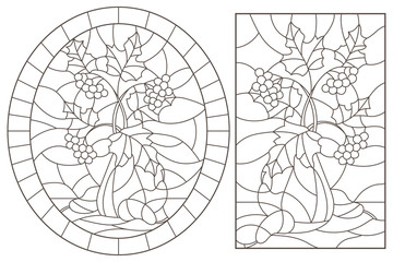Set contour illustrations of stained glass with autumn still life, tree branches in vases and fruit, dark contours on a white background