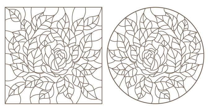 Set of contour illustrations of stained glass Windows with flowers, roses and leaves , dark contours on white background