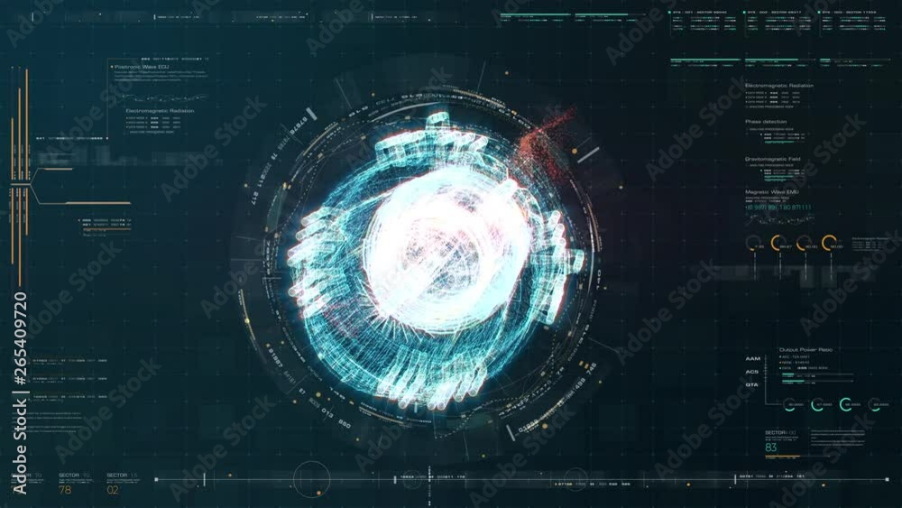 Poster Advance motion graphic futuristic user interface head up display screen with Holographic electromagnetic machine with gravitational fields energy particles wave and digital data telemetry information 