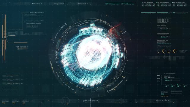 Advance motion graphic futuristic user interface head up display screen with Holographic electromagnetic machine with gravitational fields energy particles wave and digital data telemetry information 