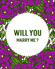 Vector illustration banner will you marry me with crowd purple wreath frame