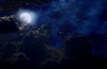 Fotobehang Volle maan en bomen nachtelijke hemel met maan en sterren