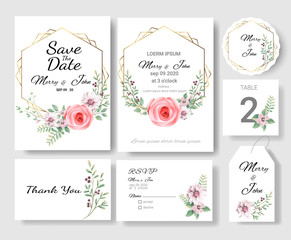 Set of Wedding invitation Card,save the date thank you card,rsvp with floral   and leaves, gold border, watercolor style for printing, badge.vector illustration
