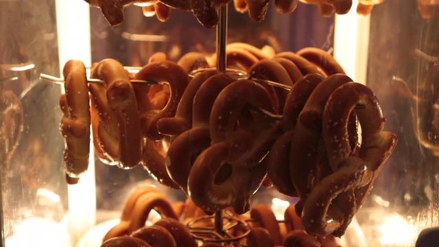 Slow move up on pretzels hanging on hooks