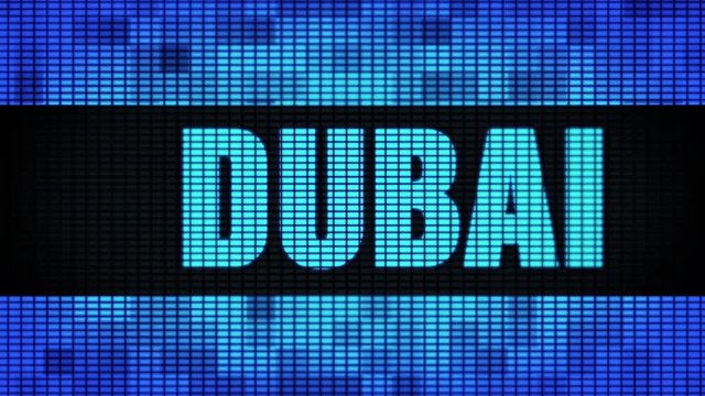 DUBA Front Text Scrolling on Light Blue Digital LED Display Board Pixel Light Screen Looped Animation 4K Background. Sign Board , Blinking Light, Pixel Monitor . LED Wall Pannel