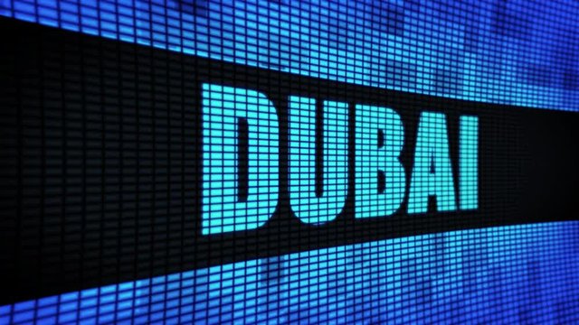 DUBA Side Text Scrolling on Light Blue Digital LED Display Board Pixel Light Screen Looped Animation 4K Background. Sign Board , Blinking Light, Pixel Monitor . LED Wall Pannel