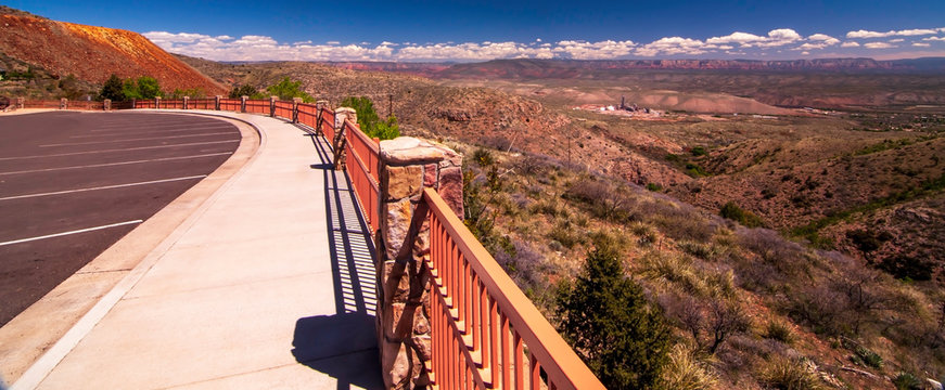 A view from the railing in the parking lot of the Jerome State Historic Park in Jerome, Arizona, USA of the Coconino National Forest