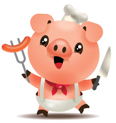 Cute chef pig holding knife and fork with big sausage. Happy pig character illustration.