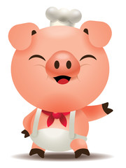 Obraz na płótnie Canvas Cute pig chef welcoming with hand. Vector Pig character isolated.