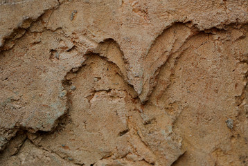 Background texture of brown stone with cracks and irregularities. Blur, close-up, top view, plenty of space for text, no one. Concept of design.