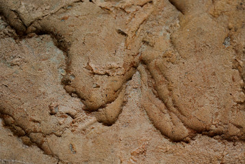 Background texture of brown stone with cracks and irregularities. Blur, close-up, top view, plenty of space for text, no one. Concept of design.