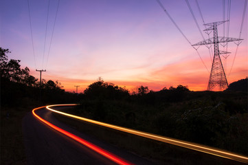 Silhouette of high voltage electric pillar