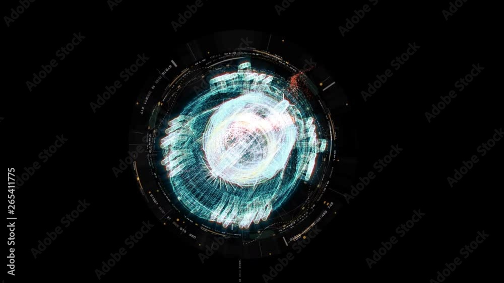 Poster Advance motion graphic futuristic user interface head up display screen with Holographic electromagnetic machine with gravitational fields energy particles wave and digital data telemetry information 