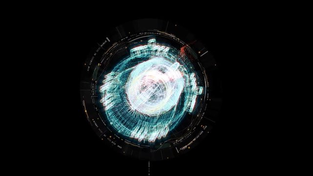 Advance motion graphic futuristic user interface head up display screen with Holographic electromagnetic machine with gravitational fields energy particles wave and digital data telemetry information 