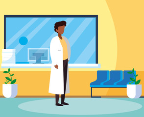 afro male medicine worker in clinic reception