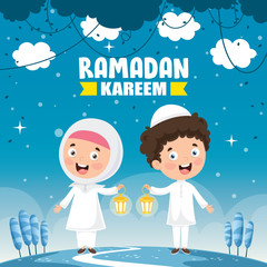 Vector Illustration Of Muslim Kids Celebrating Ramadan