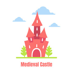 Medieval Castle, Cute Fortress on Summer Landscape Vector Illustration