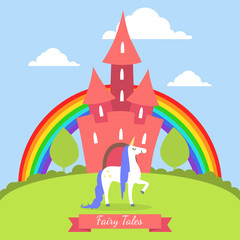 Fototapeta premium Fairy Tales Banner Template, Cute Magic Castle with Rainbow and Unicorn on Summer Landscape Vector Illustration