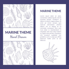 Marine Theme Banner Template with Place for Text, Undersea World with Seaweed and Seashells Hand Drawn Vector Illustration