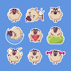 Collection of Sheep Stickers, Cute Funny Farm Fluffy Animal Character in Different Situations Vector Illustration