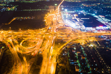 Aerial view night traffic light interchange city road